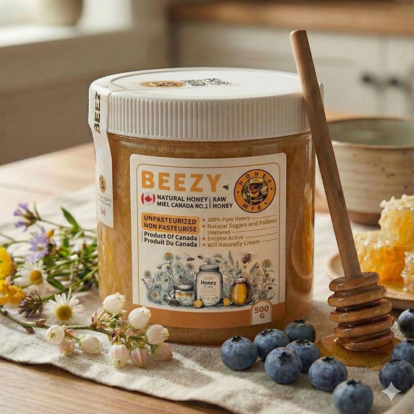 Raw Blueberry Blossom Honey – Unfiltered with Natural Beeswax 500g